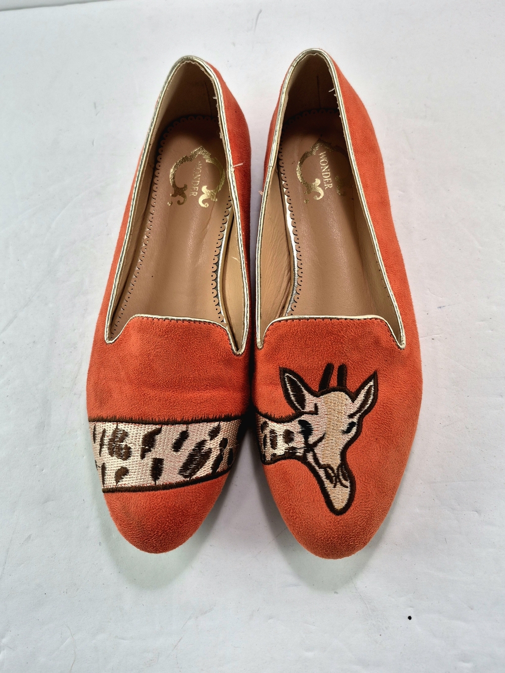 Wonder Orange Suede Giraffe Embroidered Smoking Loafer Flats - Size 7 Vibrant